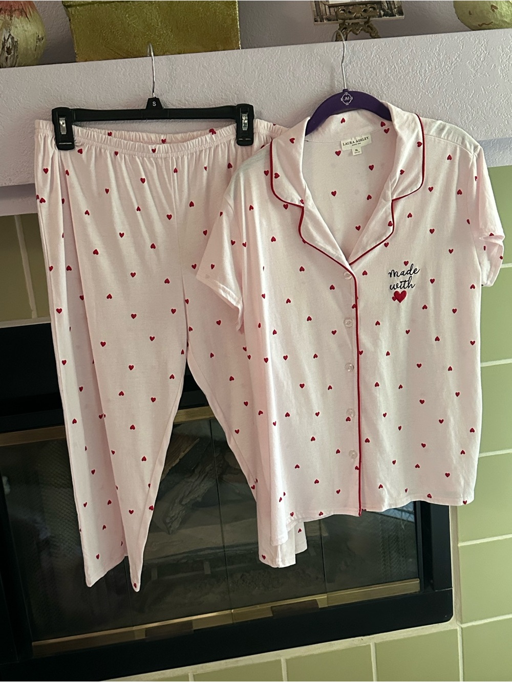 Laura Ashley Pink and Red Heart-Print Pajama Set (XL)❤️
